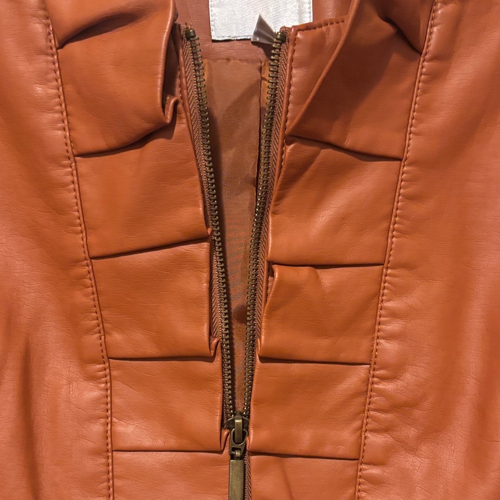 Chic Brown Leather Jacket with Ruffle Detail - image 4